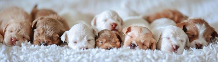 AI generated Snuggly Puppies, a litter of newborn puppies cuddled up together on a white blanket, with soft fur and sleepy expressions, background image, generative AI photo