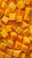 AI generated Mango Mosaic, close-up of a perfectly ripe mango, cut into small cubes and arranged in a mosaic pattern on the white background, generative AI, background image photo
