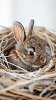 AI generated Tiny Bunnies, a litter of baby bunnies nestled in a cozy nest on a white background, background image, generative AI photo