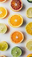 AI generated Sliced Citrus, variety of citrus fruits such as oranges lemons and limes on a white background, generative AI, background image photo