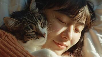 AI generated Close-up of the girl cuddling her cat close to her face, with both displaying contentment and relaxation, generative AI photo