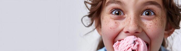 AI generated Girl's ecstatic expression as she takes a big bite of her favorite flavor of ice cream, with eyes wide and a look of pure joy on her face, generative AI photo
