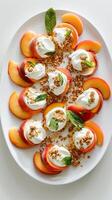 AI generated Peach perfection, ripe peach slices arranged in a geometric pattern on a white platter, generative AI, background image photo