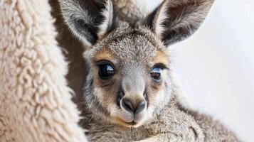 ai generado un bebé canguro echar un vistazo fuera de sus de la madre bolsa con curioso ojos, antecedentes imagen, generativo ai foto