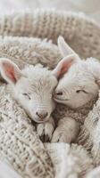 AI generated Cuddly Lambs, a pair of cuddly lambs snuggled up together on a white blanket, with soft wooly coats and contented expressions, background image, generative AI photo