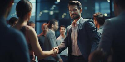 AI generated Modern Corporate Handshake in Office Lobby photo
