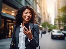 AI generated Joyful Businesswoman with Smartphone photo