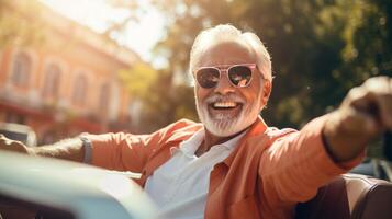 AI generated Joyful Senior Man Enjoying a Drive in His Convertible photo