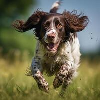 AI generated Happy and runing small munsterlander dog with a dark brown head photo