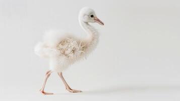 ai generado aleteo flamenco polluelo, un mullido flamenco polluelo con rosado abajo plumas intentando sus primero tembleque pasos, antecedentes imagen, generativo ai foto