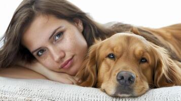 AI generated Woman and her dog lounging together on a comfortable blanket or sofa, against a clean white background, generative AI photo