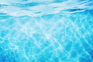 AI generated Clear blue water surface with beautiful splashing ripples and soap bubbles. Abstract summer banner background photo