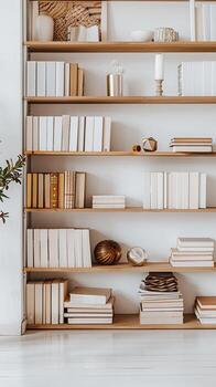 ai generado moderno minimalista estante para libros en contra un blanco fondo, adornado con un curado selección de libros y decorativo objetos, generativo ai foto