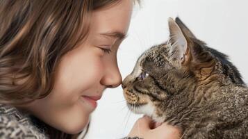 AI generated Close-up of the girl and her cat touching noses affectionately, with both looking directly into the camera, against a clean white background, generative AI photo