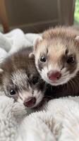 AI generated Furry Ferrets, a pair of furry ferret kits playing together on a white blanket, with sleek coats and inquisitive gazes, background image, generative AI photo