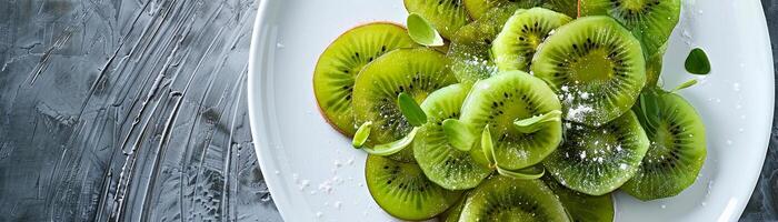 AI generated Slices of vibrant green kiwi arranged in a circular pattern on a white plate, generative AI, background image photo