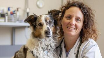 AI generated Portrait of a female veterinarian with a dog in a veterinary clinic against white background, generative AI photo