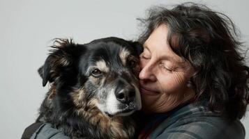 AI generated Woman hugging her dog affectionately against a white backdrop, generative AI photo