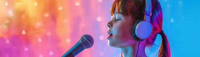 AI generated A white little girl wearing headphone while singing in front of microphone against colorful pastel background, background image, generative AI photo