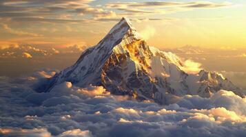 ai generado majestuoso montaña pico creciente encima el nubes, bañado en dorado luz de sol, en contra un fondo de laminación colinas o brumoso valles, generativo ai foto