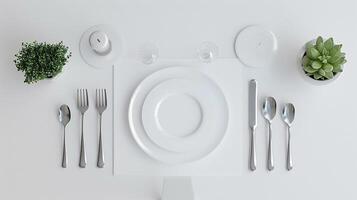 ai generado minimalista comida mesa con pulcro vajilla, minimalista mostrada, y un sencillo habitación central, tal como un pequeño suculento planta o un minimalista vela poseedor, generativo ai foto