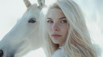 ai generado retrato de un hermosa rubia hembra con un unicornio caballo en contra blanco fondo, generativo ai foto