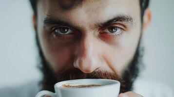 ai generado un hombre Bebiendo caliente café en contra blanco fondo, generativo ai foto