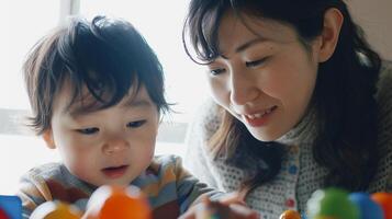 AI generated Close-up of the mother and her toddler son engaged in a learning activity, such as reading a book or exploring educational toys, against a white background, generative AI photo