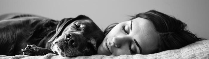 AI generated Woman and her dog lounging together on a comfortable blanket or sofa, against a clean white background, generative AI photo