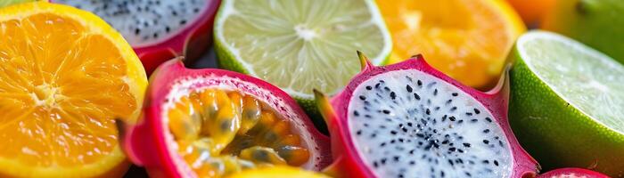 AI generated Close-up shot of exotic fruits like starfruit, dragonfruit and passionfruit, generative AI, background image photo