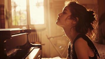 AI generated A young girl plays the piano passionately, soft light filters through the background creating a hazy glow, background image, generative AI photo