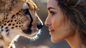 AI generated Close-up of the beautiful woman looking into the eyes of her cheetah, with both sharing a moment of mutual understanding and connection, generative AI photo