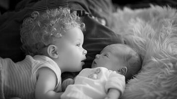 ai generado hermano amar, un oferta imagen de un niñito suavemente interactuando con su recién nacido hermano, antecedentes imagen, generativo ai foto