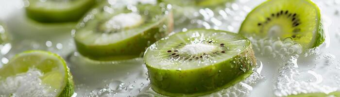 AI generated Slices of vibrant green kiwi arranged in a circular pattern on a white plate, generative AI, background image photo