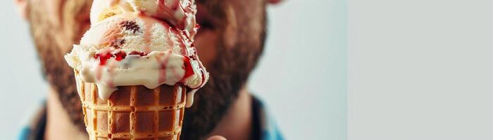 AI generated Close-up of the man holding an ice cream cone filled with scoops of delicious ice cream, with melted drips running down the sides, generative AI photo