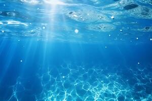 AI generated Clear blue water surface with beautiful splashing ripples and soap bubbles. Abstract summer banner background photo