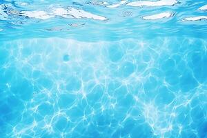 AI generated Clear blue water surface with beautiful splashing ripples and soap bubbles. Abstract summer banner background photo