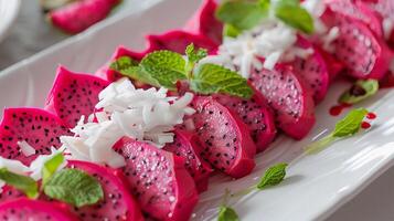 AI generated Exotic Dragon Fruit, slices of exotic dragon fruit arranged in a visually striking pattern on a white platter, generative AI, background image photo