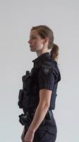 AI generated Police woman engaging with the community, such as talking to citizens or participating in a community event, against a white background, generative AI photo