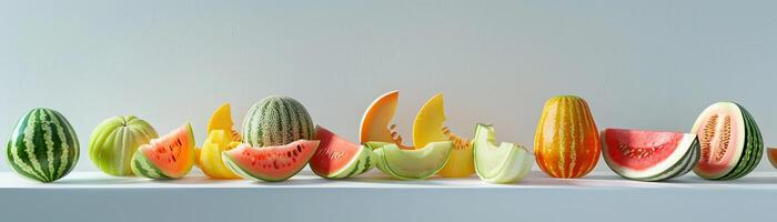 AI generated Variety of melons including watermelon cantaloupe and honeydew, sliced into wedges or cubes, generative AI, background image photo