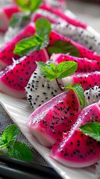 AI generated Exotic Dragon Fruit, slices of exotic dragon fruit arranged in a visually striking pattern on a white platter, generative AI, background image photo