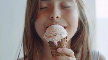 ai generado niña paliza un cucharón de hielo crema desde un cono, con un refrescante y satisfecho expresión en su rostro, en contra un blanco fondo, generativo ai foto