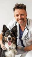 ai generado retrato de un masculino veterinario con un perro en un veterinario clínica en contra blanco fondo, generativo ai foto