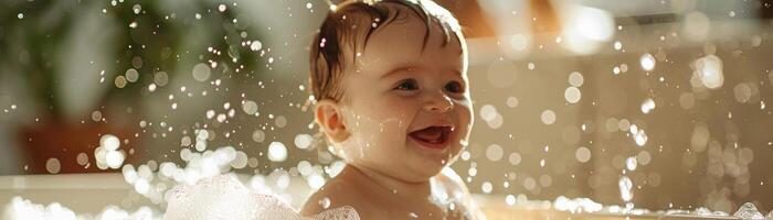 AI generated Bath time giggles, A playful scene of a newborn enjoying a warm bath, splashing softly and smiling brightly, generative AI, background image photo