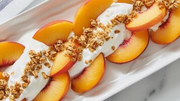 AI generated Peach perfection, ripe peach slices arranged in a geometric pattern on a white platter, generative AI, background image photo