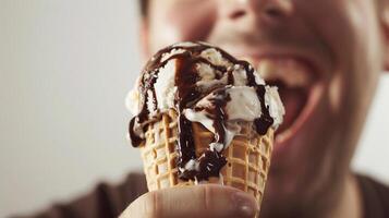 AI generated Close-up of the man holding an ice cream cone filled with scoops of delicious ice cream, with melted drips running down the sides, generative AI photo