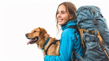 AI generated Woman and her dog ready for an outdoor adventure, with hiking gear or walking accessories, against a white background, generative AI photo