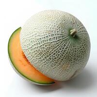 AI generated cantaloupe melon isolated on white background with shadow. Slice of cantaloupe melon isolated. Refreshing melon top view. Cantaloupe flat lay photo
