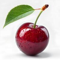 AI generated Red cherry with stem isolated on white background with shadow. Red cherries. Wild red cherry isolated. Cherry with a steam and a leaf photo