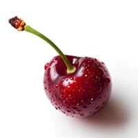 AI generated Red cherry with stem isolated on white background with shadow. Red cherries. Wild red cherry isolated. Cherry with a steam and a leaf photo